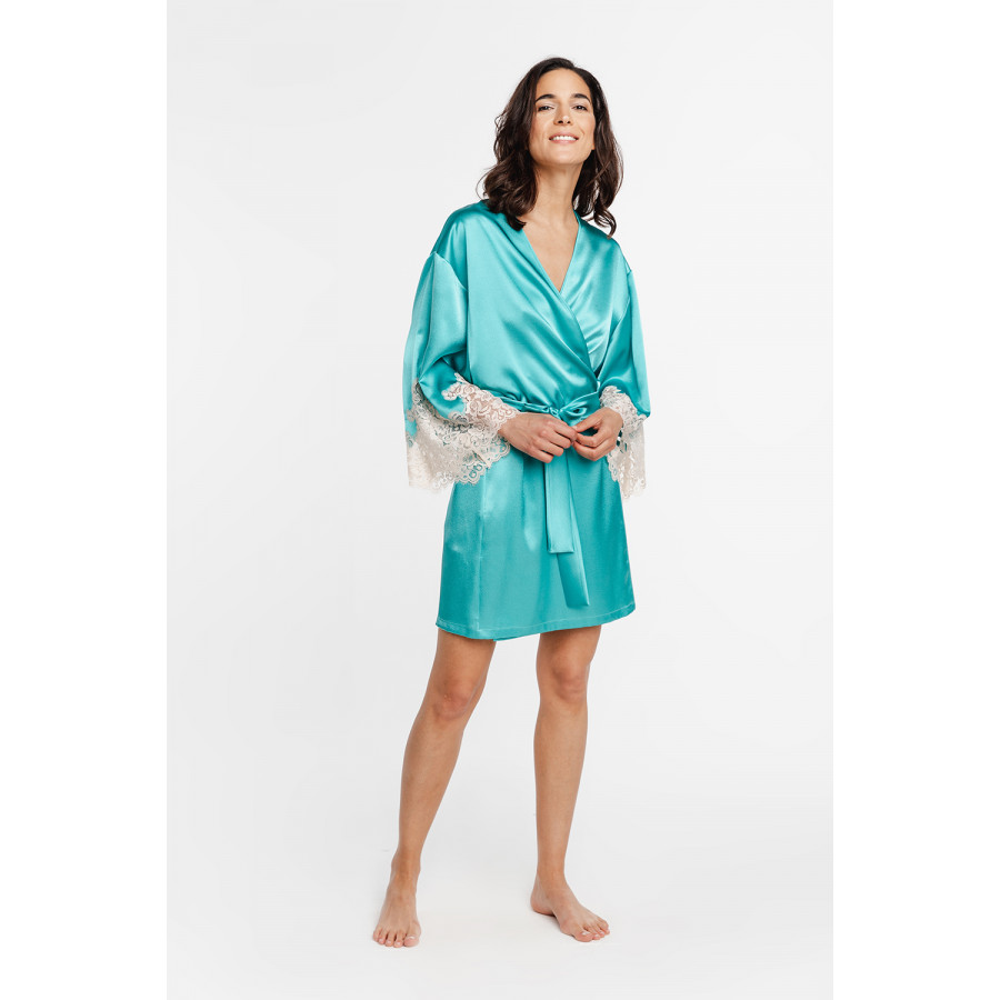 Gorgeous little dressing gown in turquoise-coloured satin with white lace