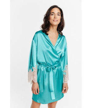 Gorgeous little dressing gown in turquoise-coloured satin with white lace