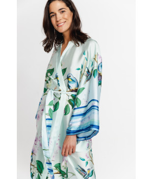 Satin maxi dressing gown with exotic foliage print and blue stripes, and loose-fitting long sleeves