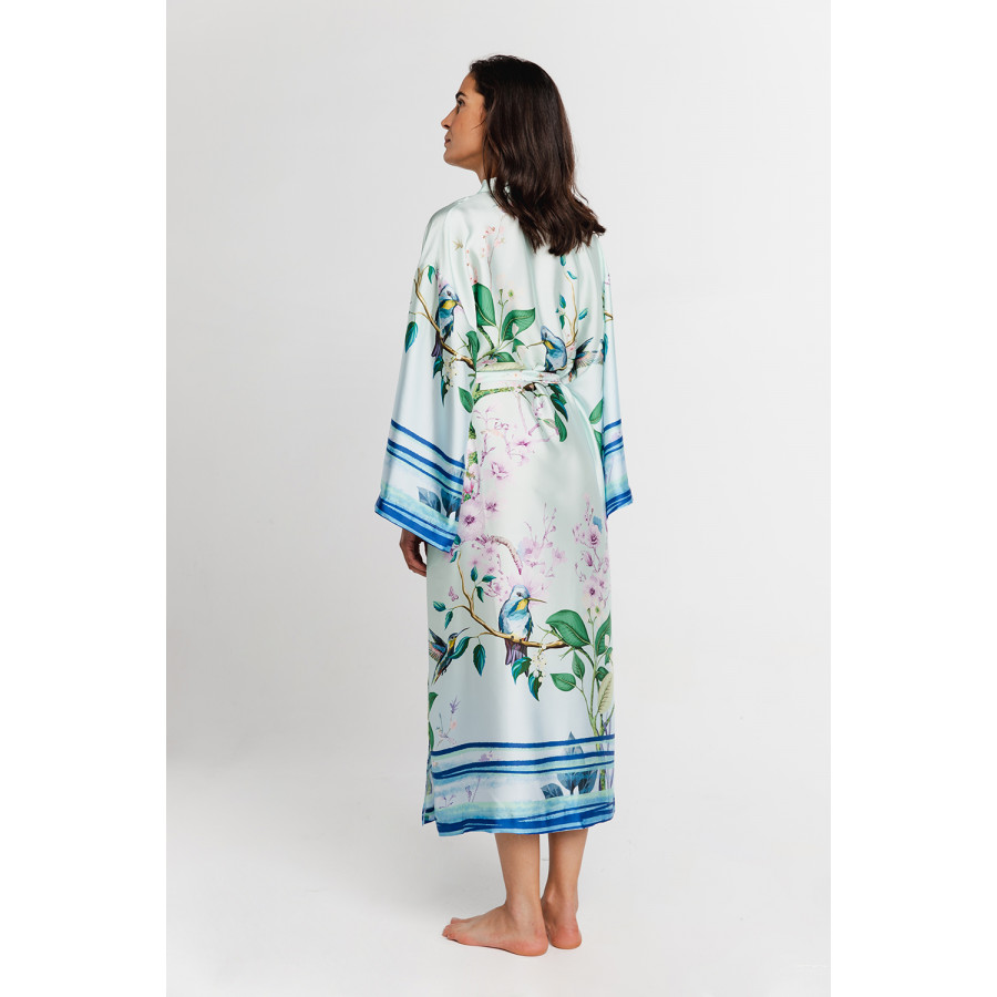 Satin maxi dressing gown with exotic foliage print and blue stripes, and loose-fitting long sleeves