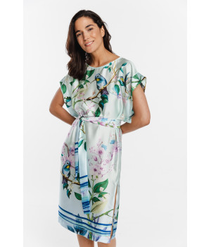 Loose-fitting tunic/lounge robe in exotic printed satin with a tie belt at the waist