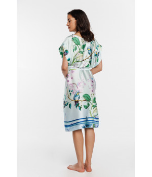 Loose-fitting tunic/lounge robe in exotic printed satin with a tie belt at the waist