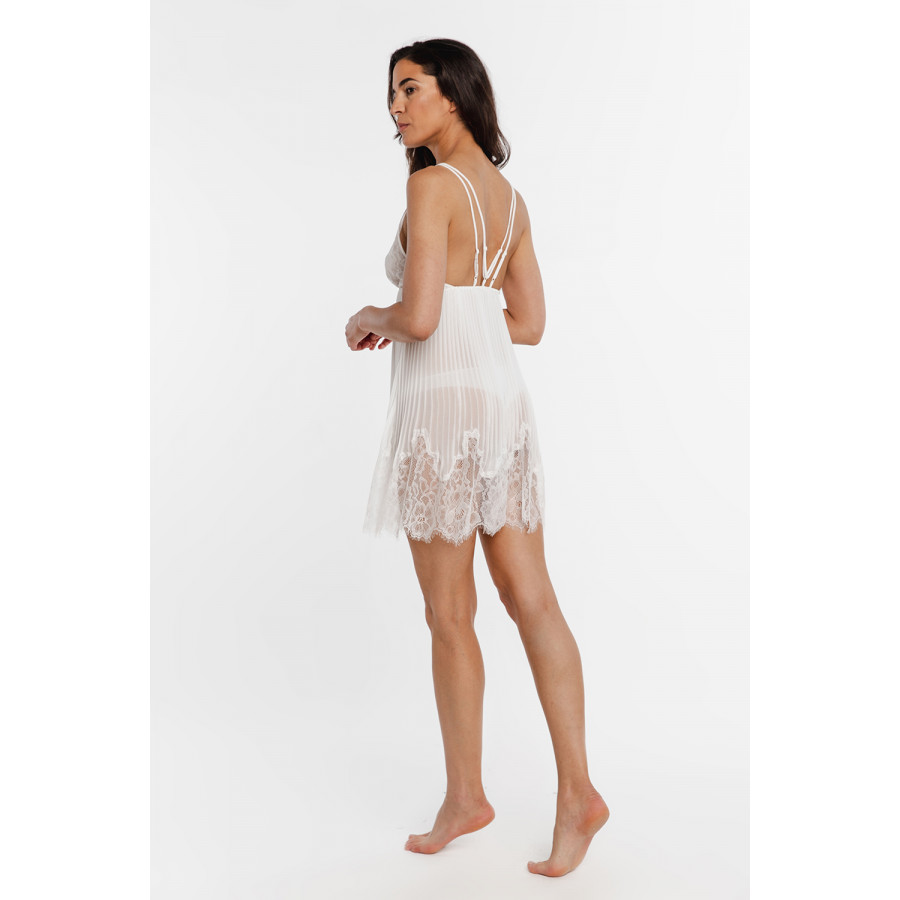 Floaty negligee with lace on the bust and criss-cross straps at the back, and G-string