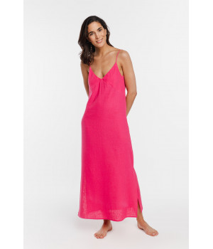 Lounge robe/nightdress in linen and viscose with thin straps and V-neckline