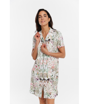 Button-up micromodal nightdress with short sleeves and springtime butterfly print