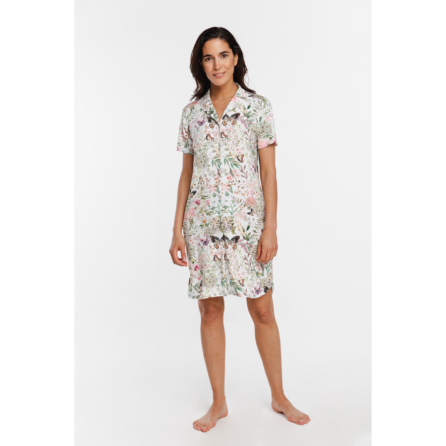 Button-up micromodal nightdress with short sleeves and springtime butterfly print