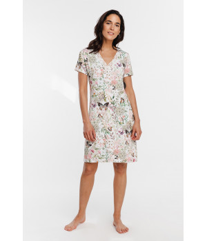 Micromodal nightdress with short-sleeves and V-neckline adorned with lace and a springtime print