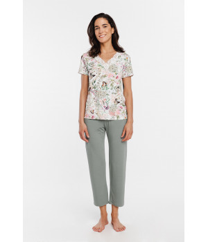 2-piece pyjamas in micromodal fabric, T-shirt top with a V-neckline trimmed with lace, a floral print